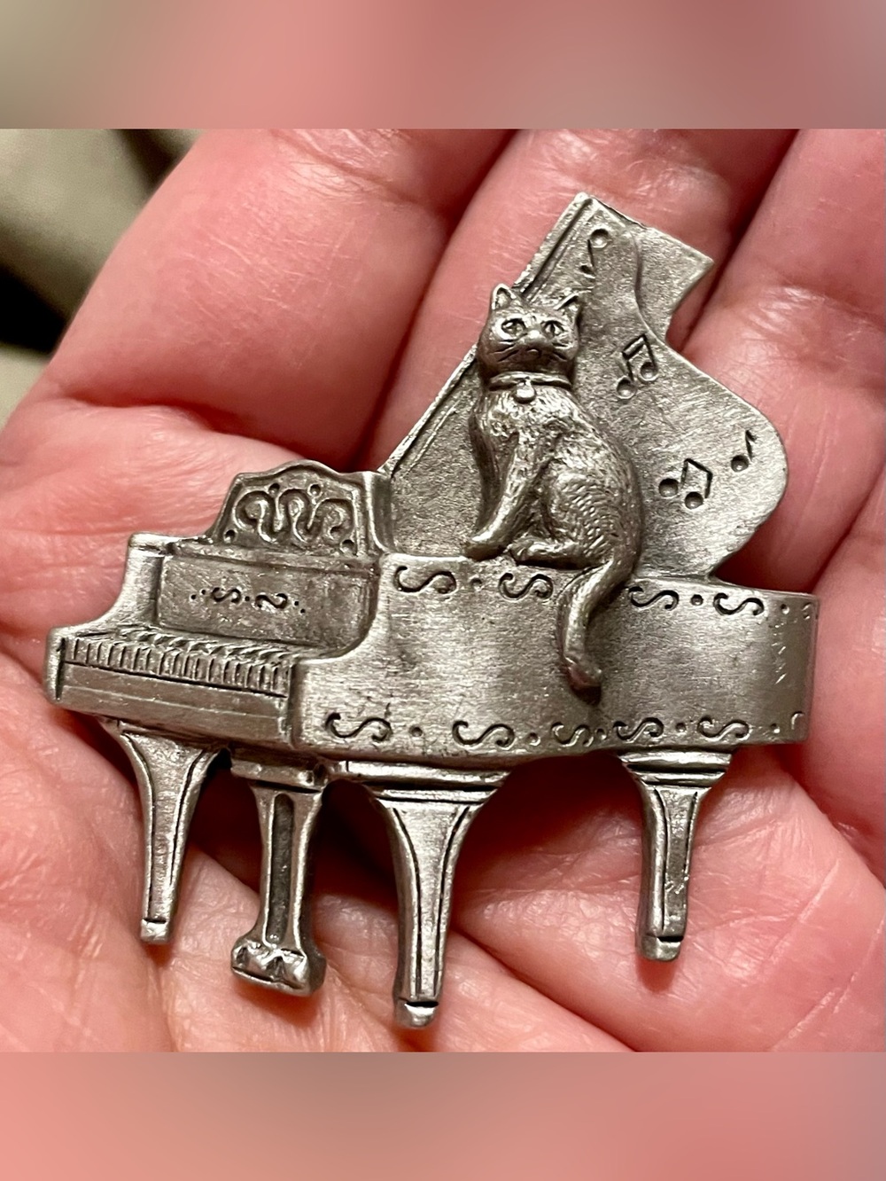 Silver Cat on Grand Piano Brooch - Silver Tone Women’s Jewelry